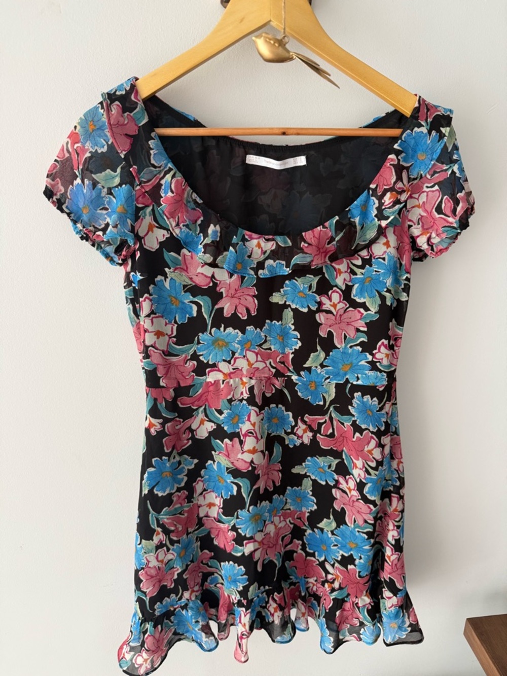 Zara black Floral Scoop Neck Mini Dress small